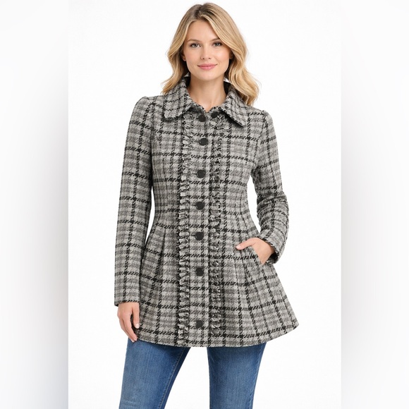 Zara Jackets & Blazers - Rewind Women’s Houndstooth Coat Ruffle Trim Button Front Jacket Black Gray Sz S